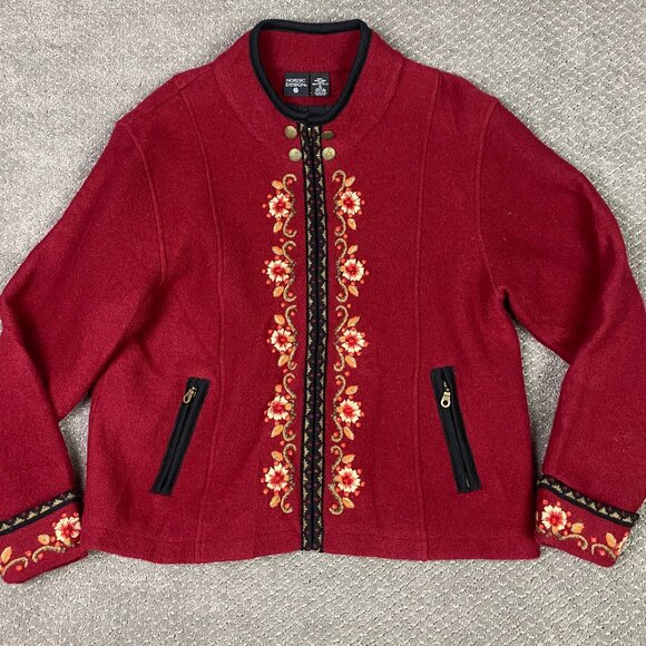 Nordic Design Full Zip Sweater Jacket Women's XL Red 100% Wool Floral Fair Isle - Picture 1 of 12